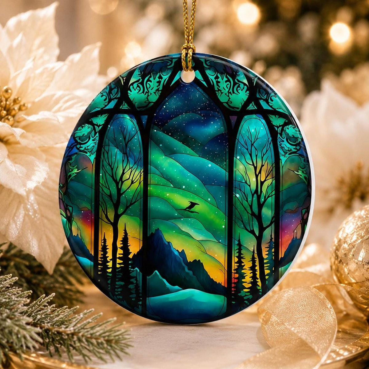 Northern Lights Ceramic Ornament, Winter Scene Tree Decor
