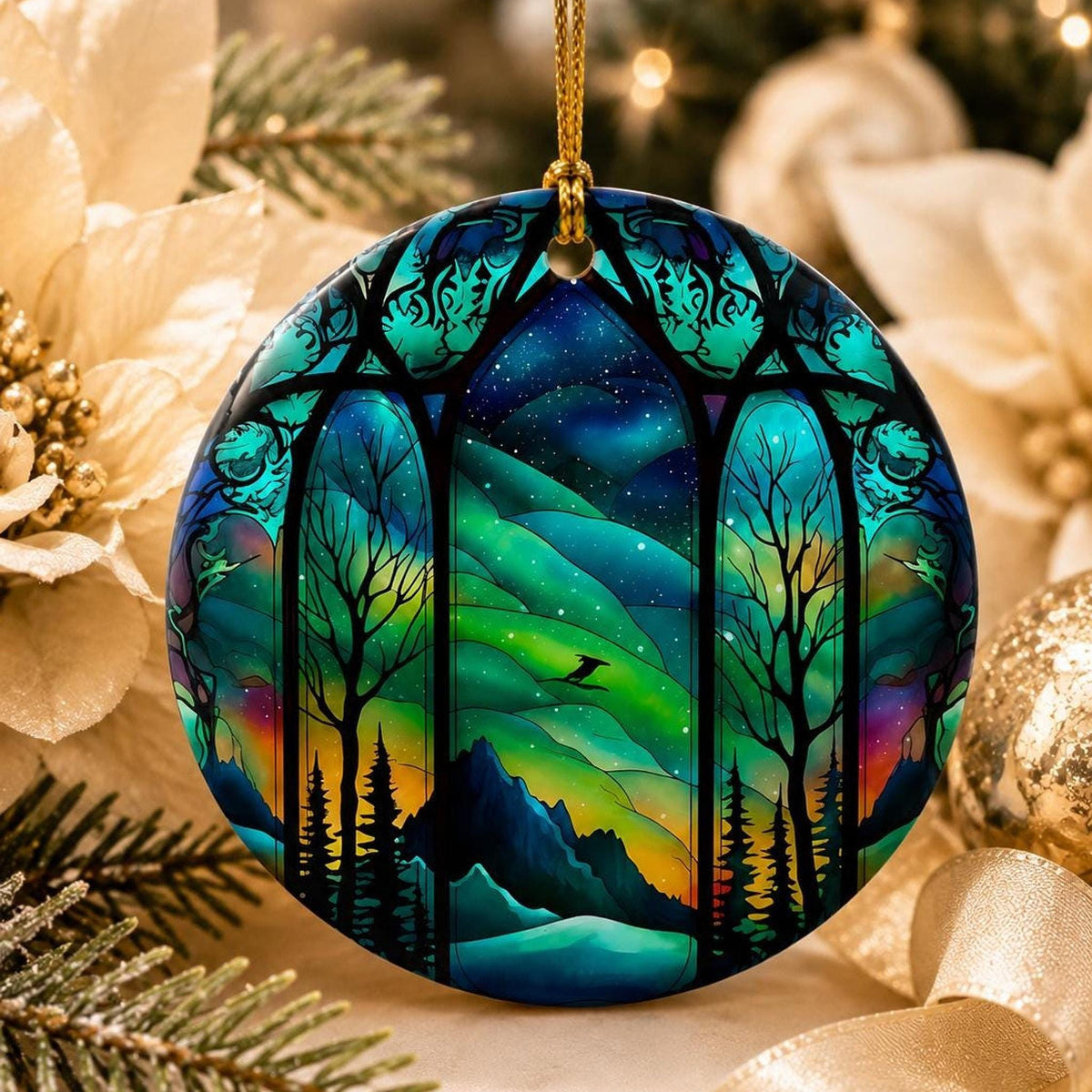 Northern Lights Ceramic Ornament, Winter Scene Tree Decor