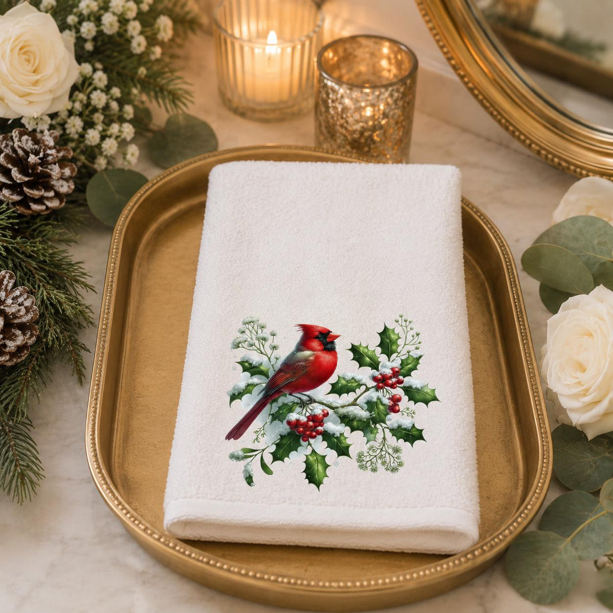 Cardinal Christmas Fingertip Towel, Holiday Guest Bath Decor