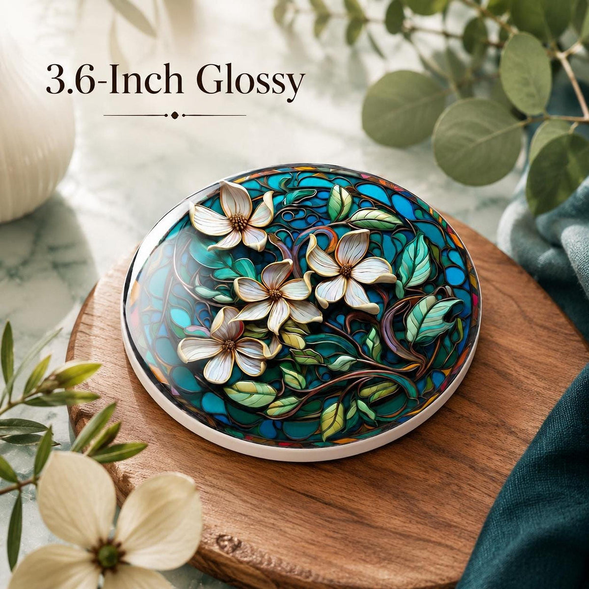Ceramic Drink Mat with Teal Botanical Design, Floral Coaster for Coastal Garden Decor