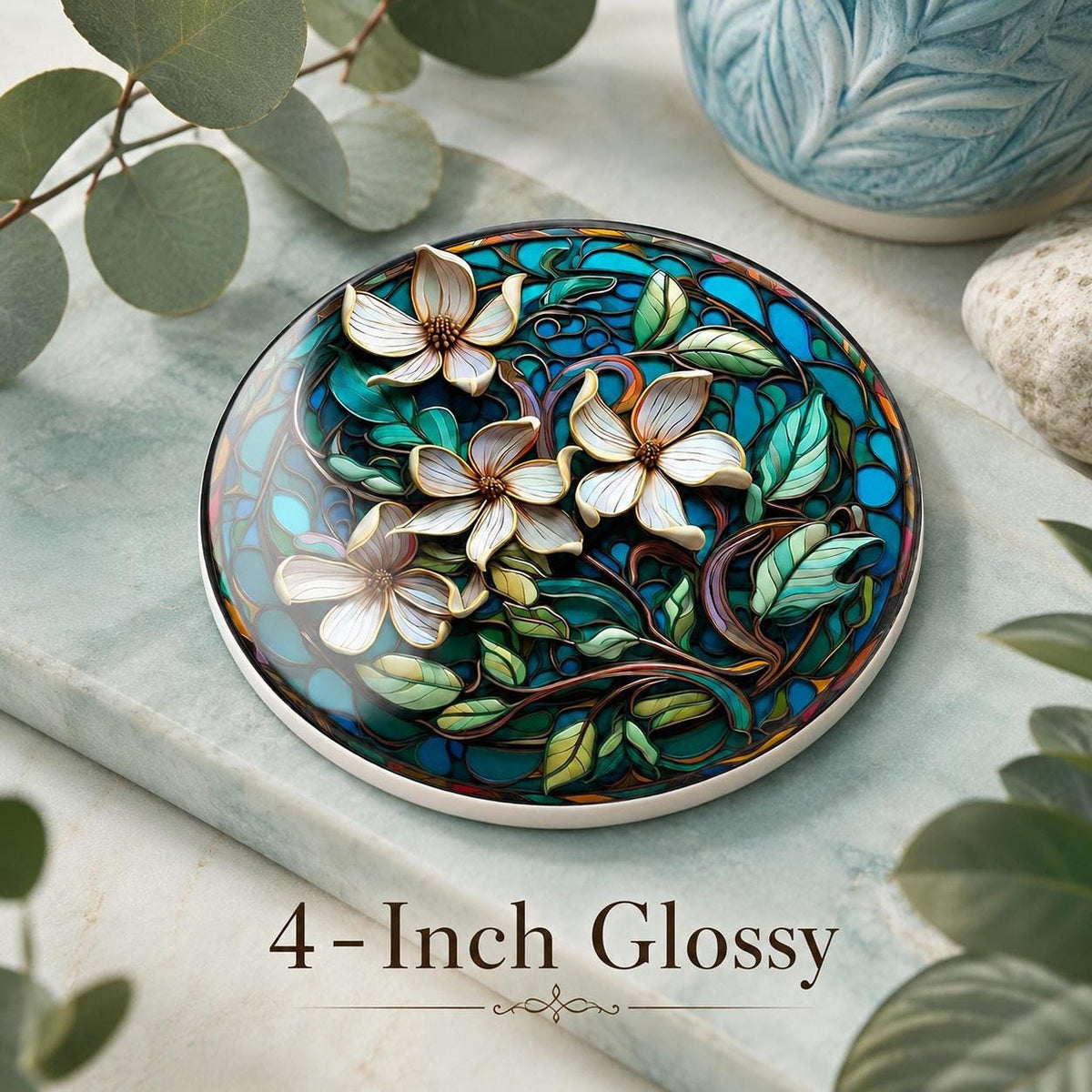 Ceramic Drink Mat with Teal Botanical Design, Floral Coaster for Coastal Garden Decor