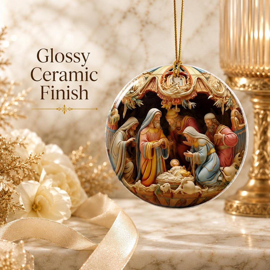 Nativity Ornament, Round Ceramic Keepsake with Holy Family Manger Scene
