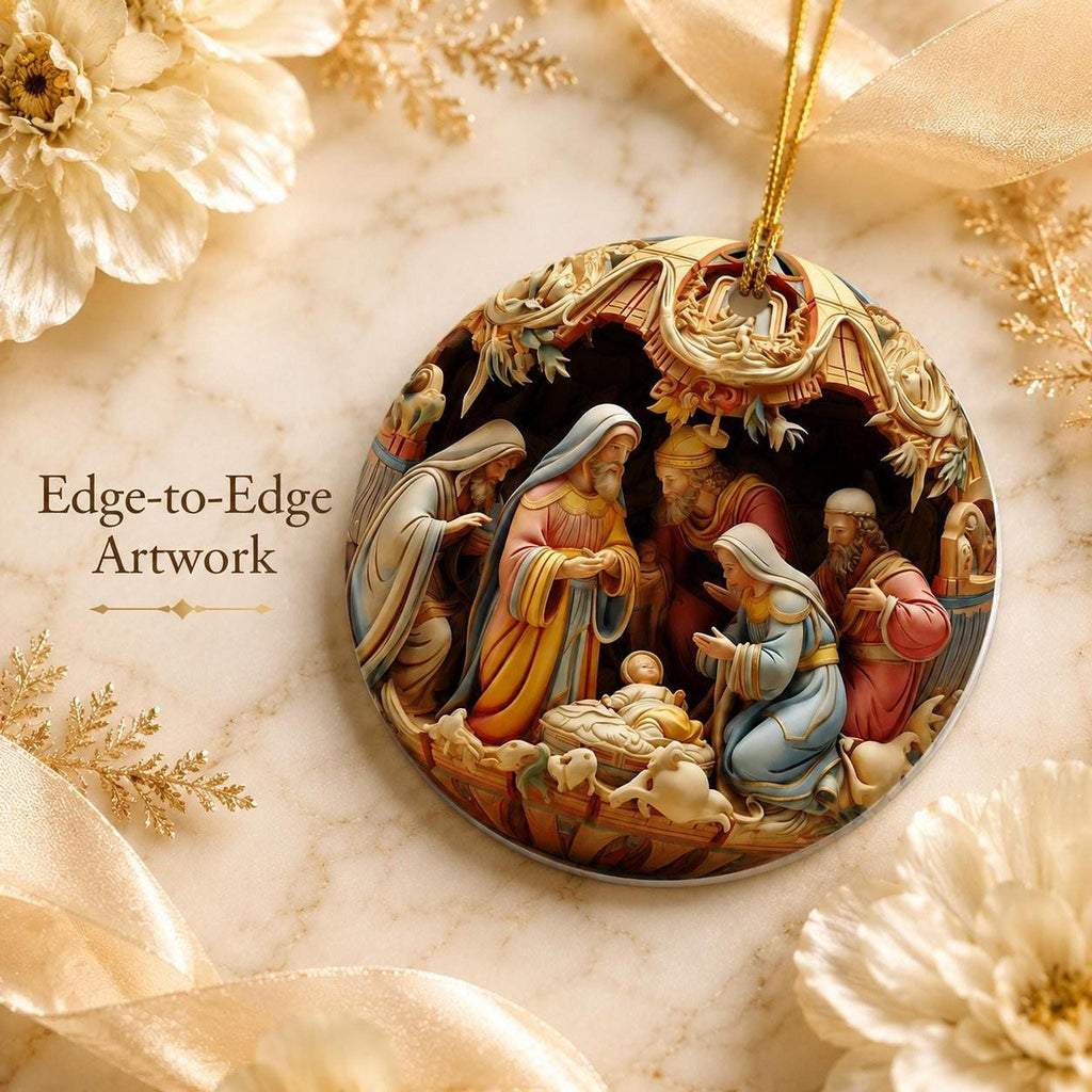 Nativity Ornament, Round Ceramic Keepsake with Holy Family Manger Scene