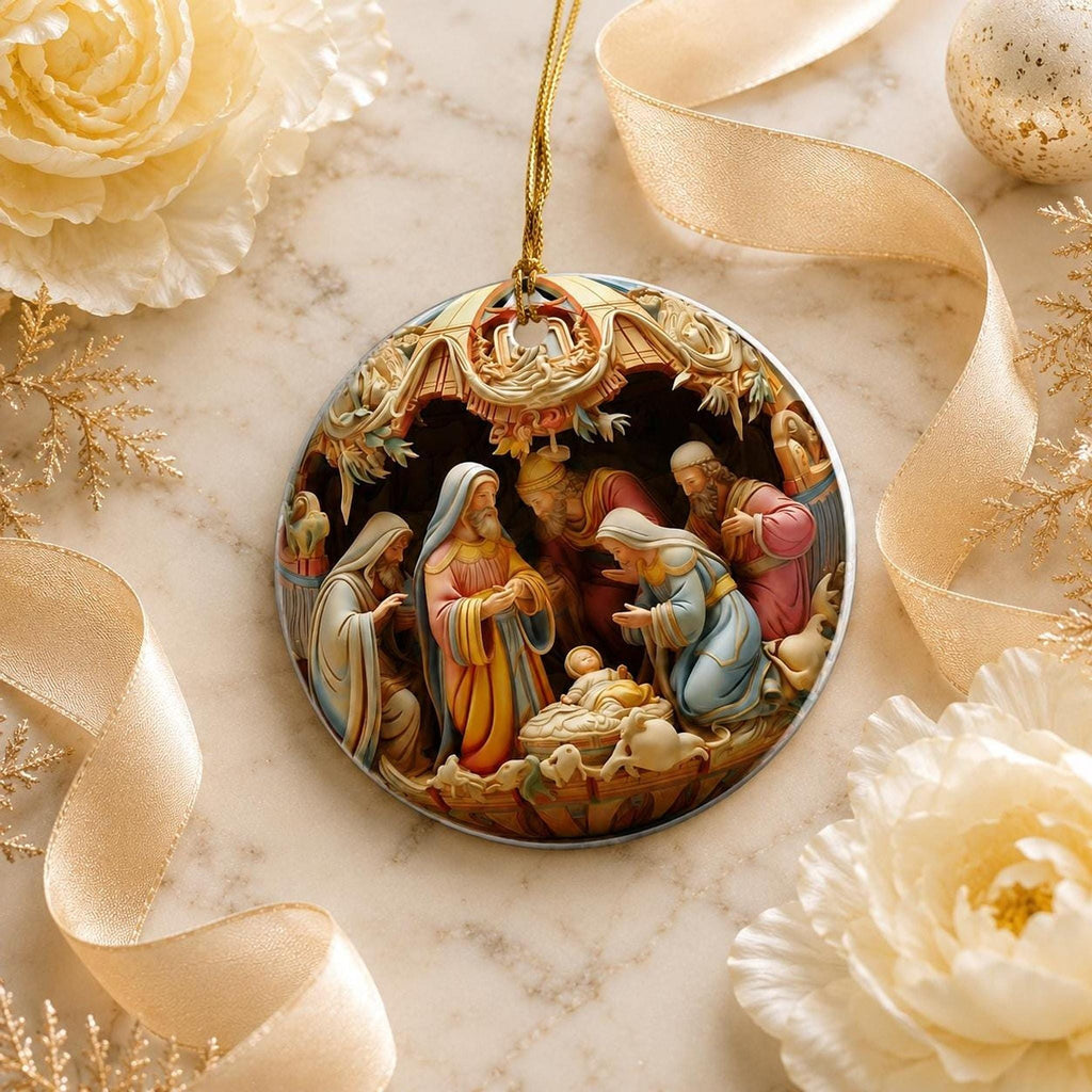 Nativity Ornament, Round Ceramic Keepsake with Holy Family Manger Scene