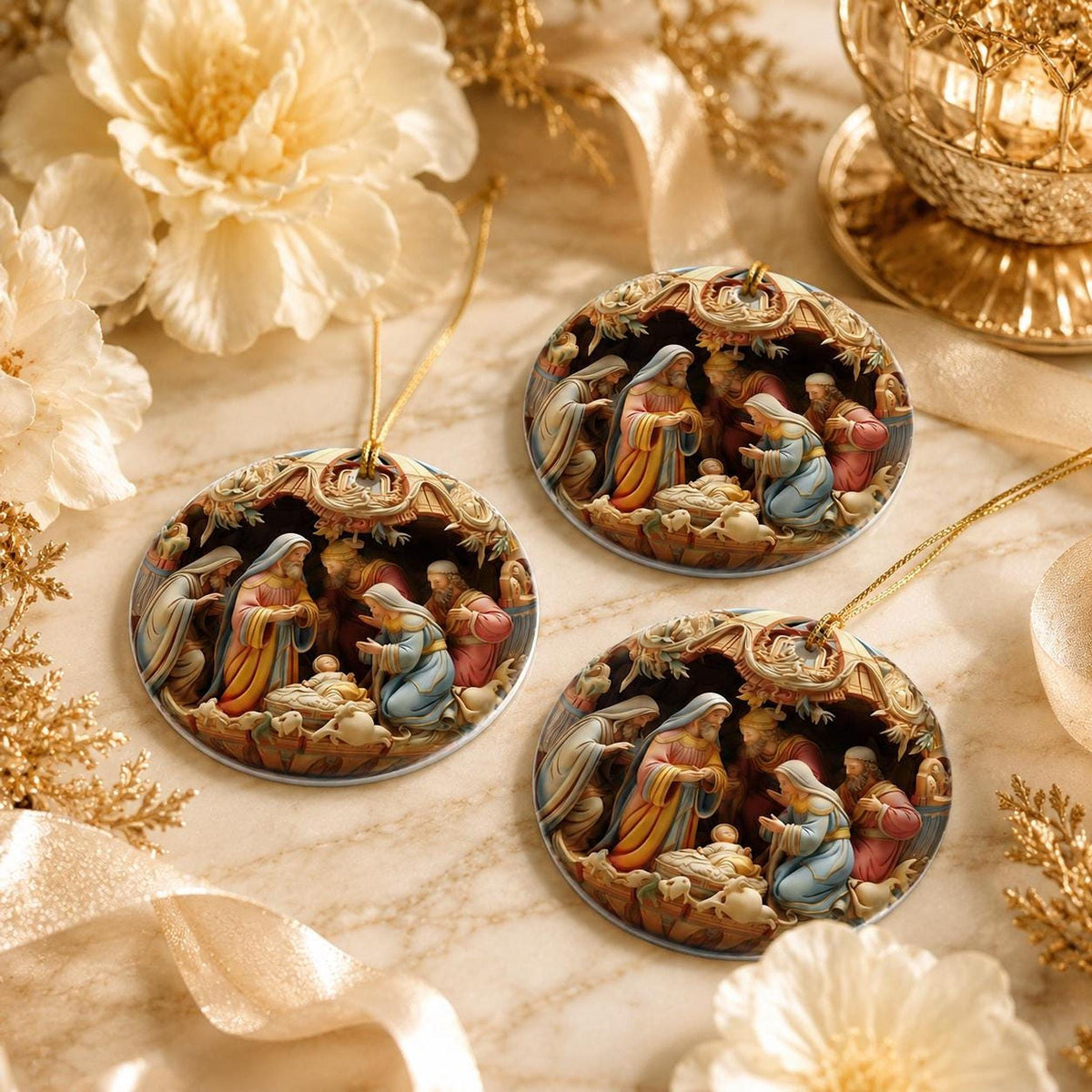 Nativity Ornament, Round Ceramic Keepsake with Holy Family Manger Scene