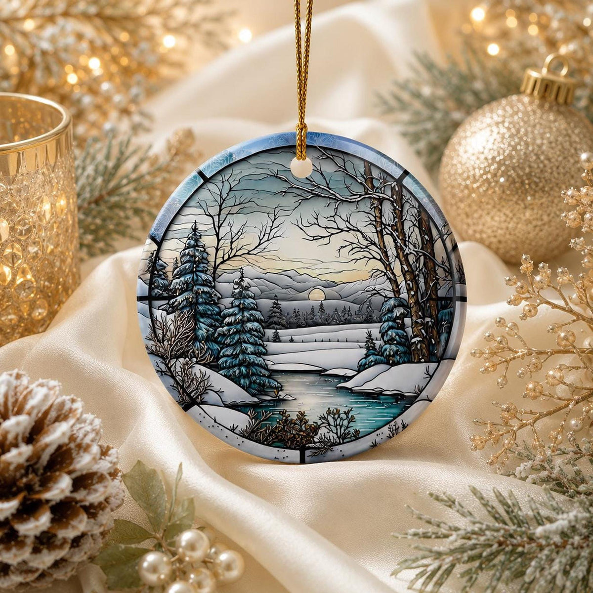 Winter Ornament, Ceramic Keepsake with Scenic Snow Landscape