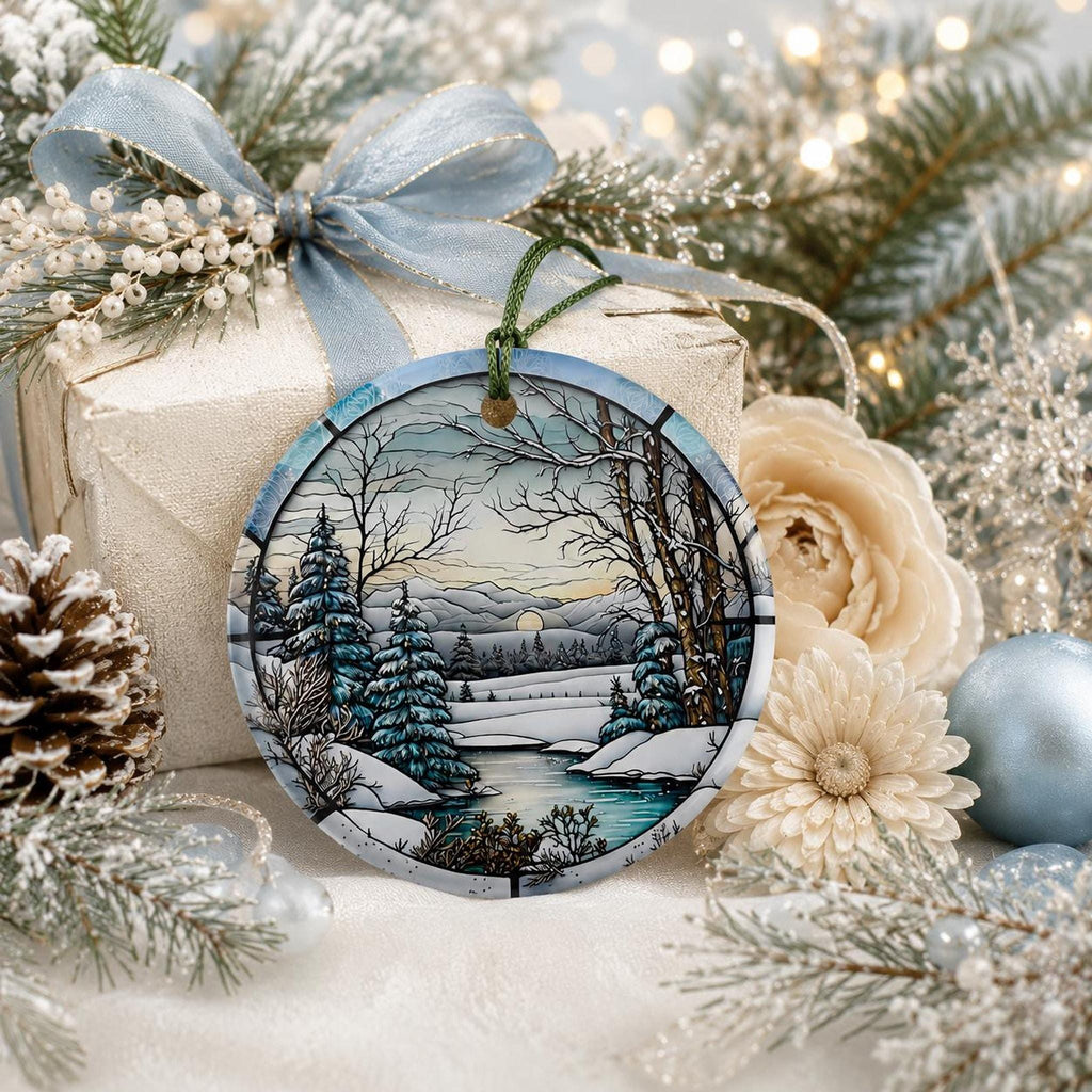 Winter Ornament, Ceramic Keepsake with Scenic Snow Landscape