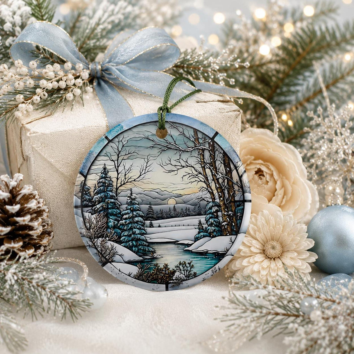 Winter Ornament, Ceramic Keepsake with Scenic Snow Landscape