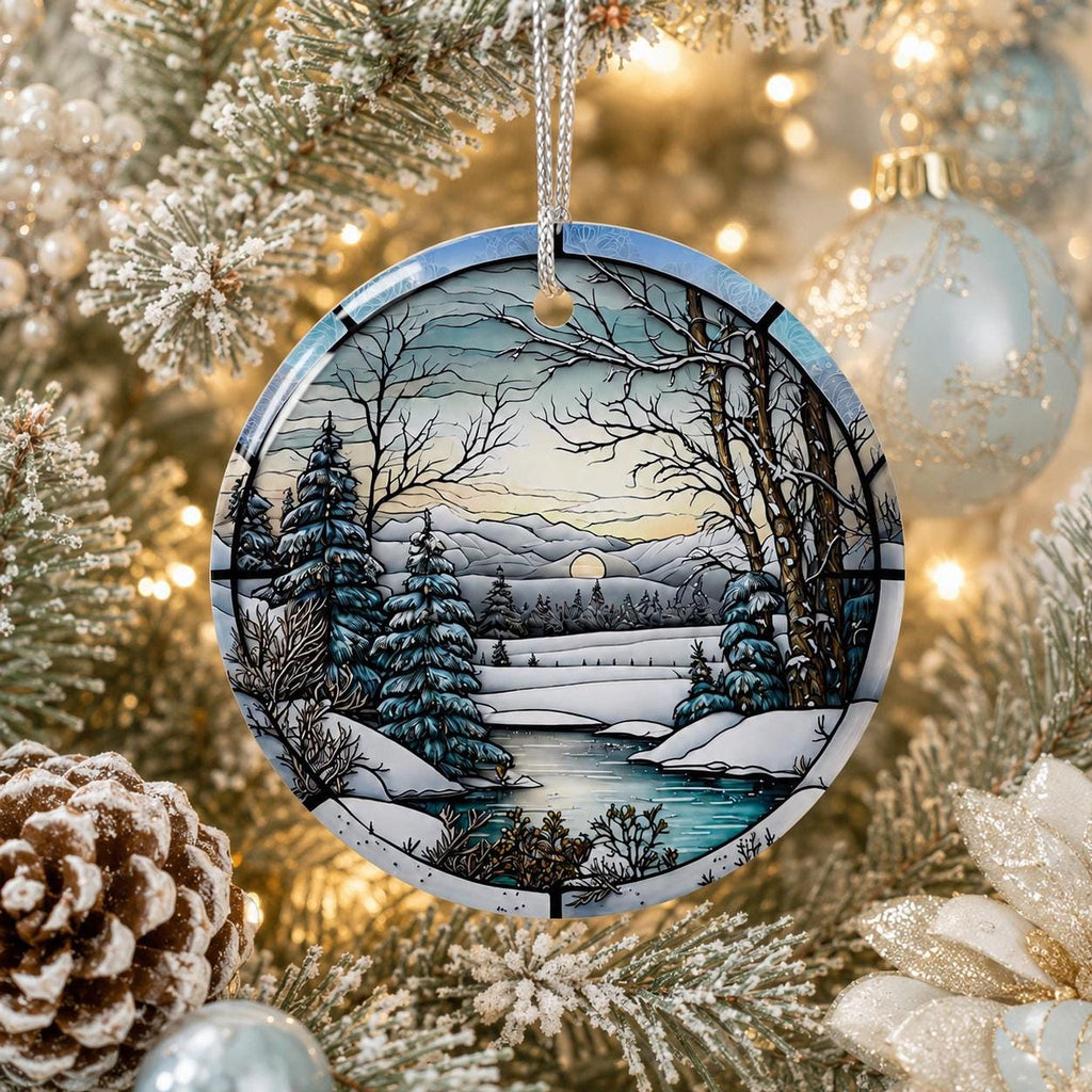 Winter Ornament, Ceramic Keepsake with Scenic Snow Landscape
