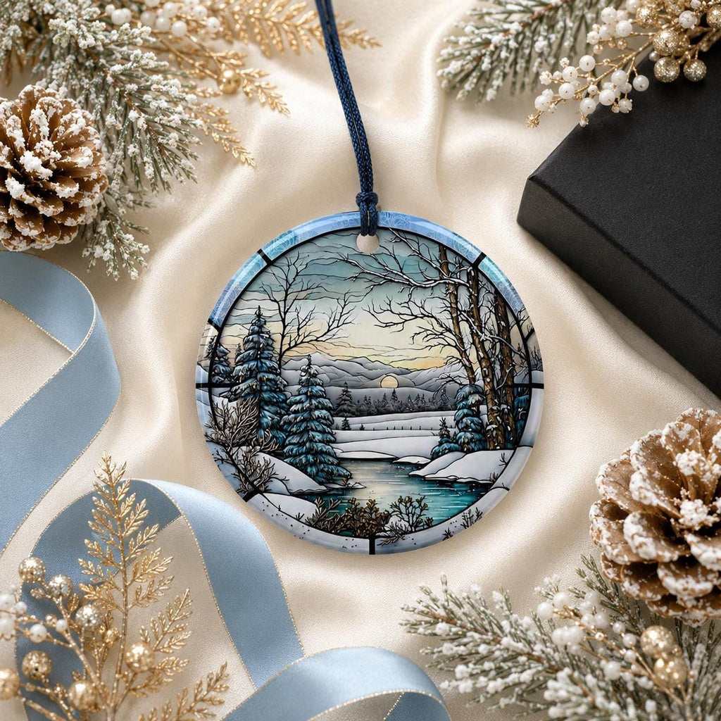 Winter Ornament, Ceramic Keepsake with Scenic Snow Landscape