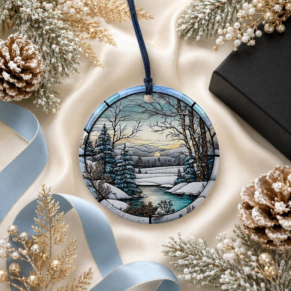Winter Ornament, Ceramic Keepsake with Scenic Snow Landscape