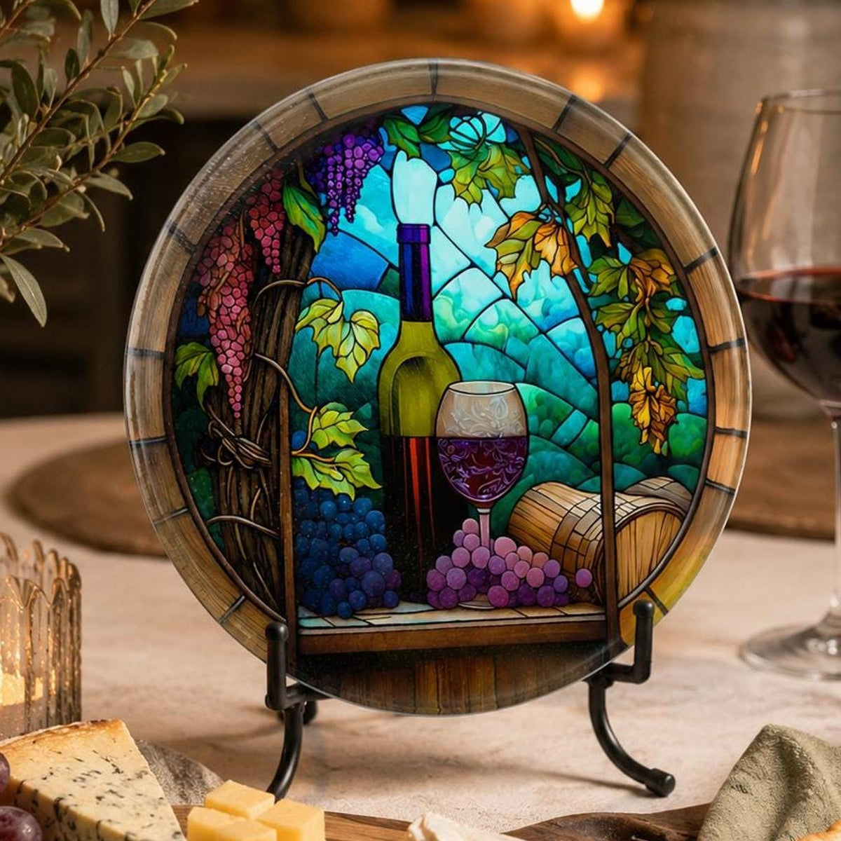Wine Cutting Board with Vineyard Design, Round Tempered Glass Charcuterie Tray