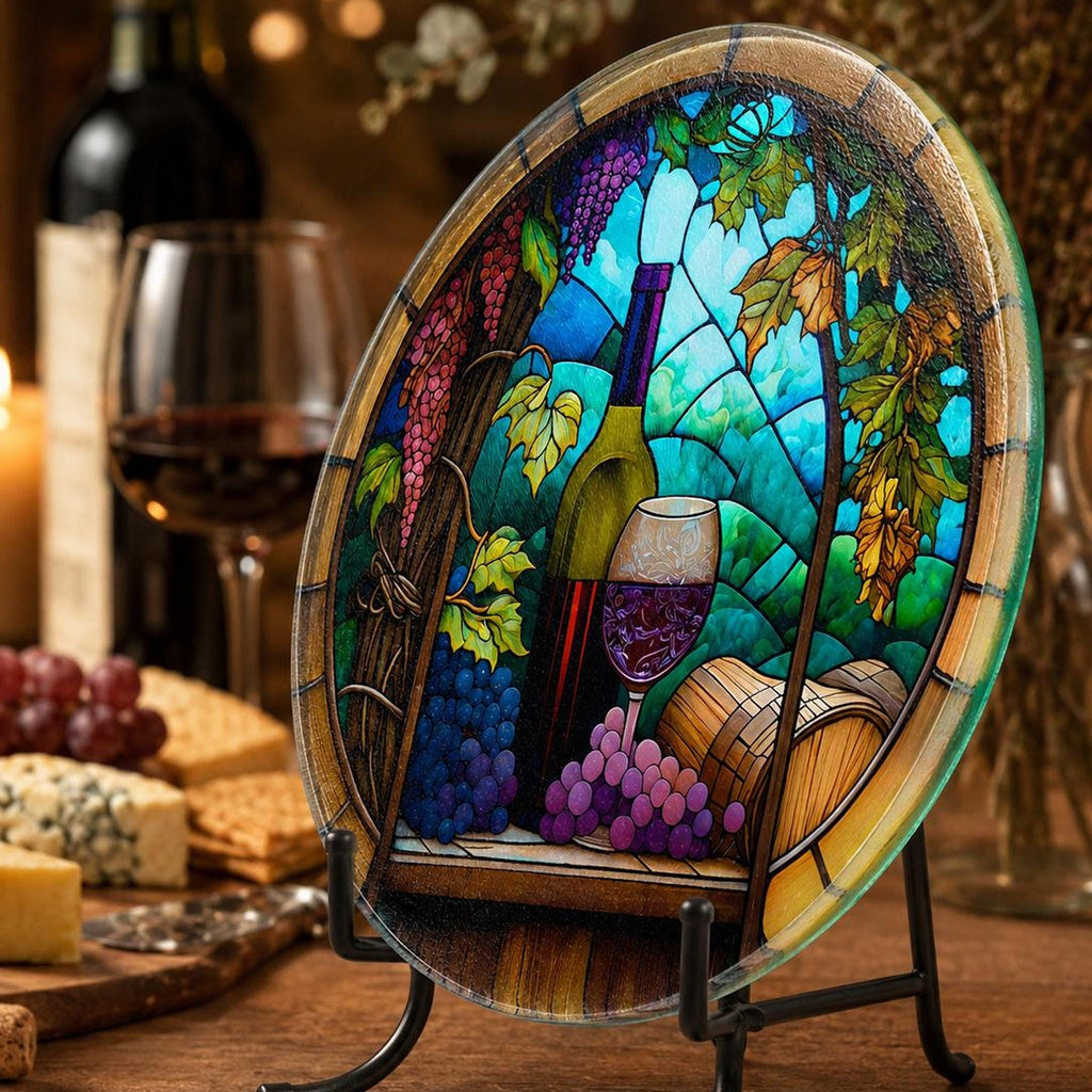 Wine Cutting Board with Vineyard Design, Round Tempered Glass Charcuterie Tray