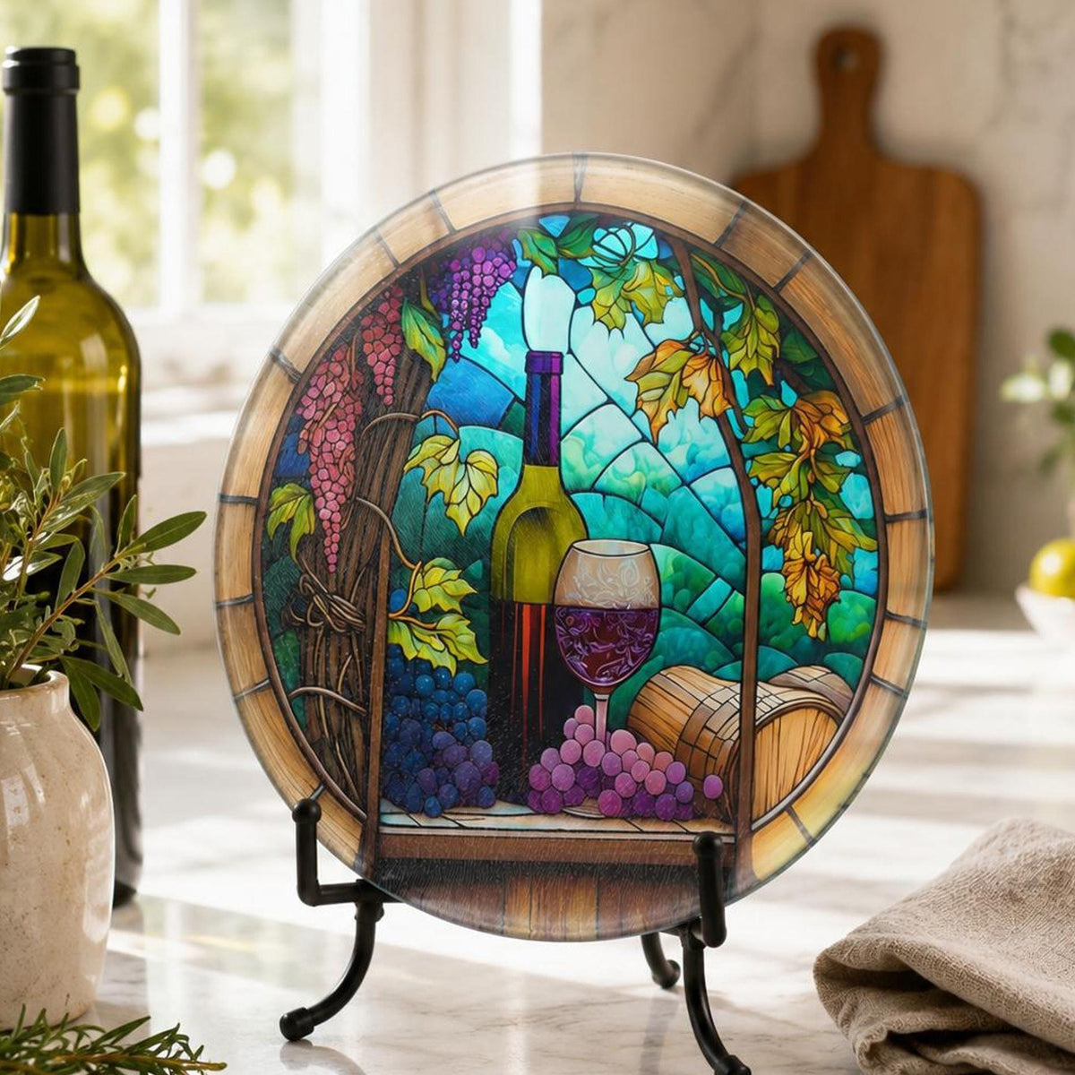 Wine Cutting Board with Vineyard Design, Round Tempered Glass Charcuterie Tray