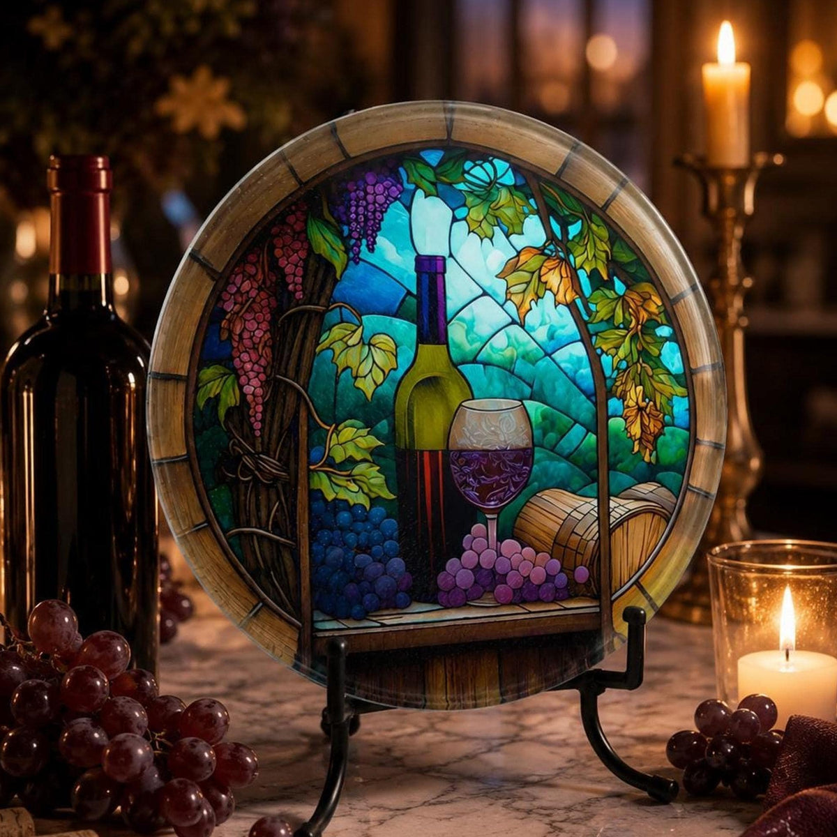 Wine Cutting Board with Vineyard Design, Round Tempered Glass Charcuterie Tray