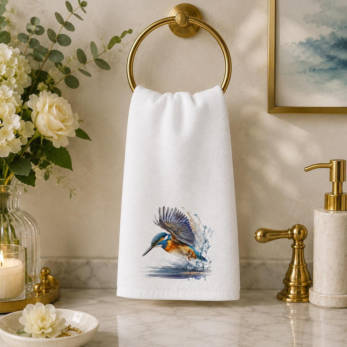 Kingfisher Towel, Decorative Hand with Bird Design for Bathroom