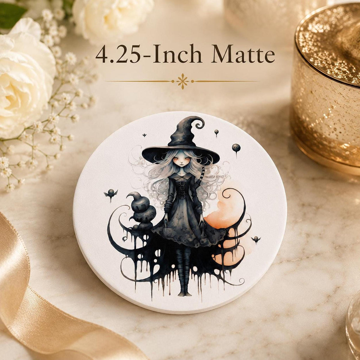 Witch Coaster with Whimsical Artwork, Round Ceramic Design for Gothic Decor