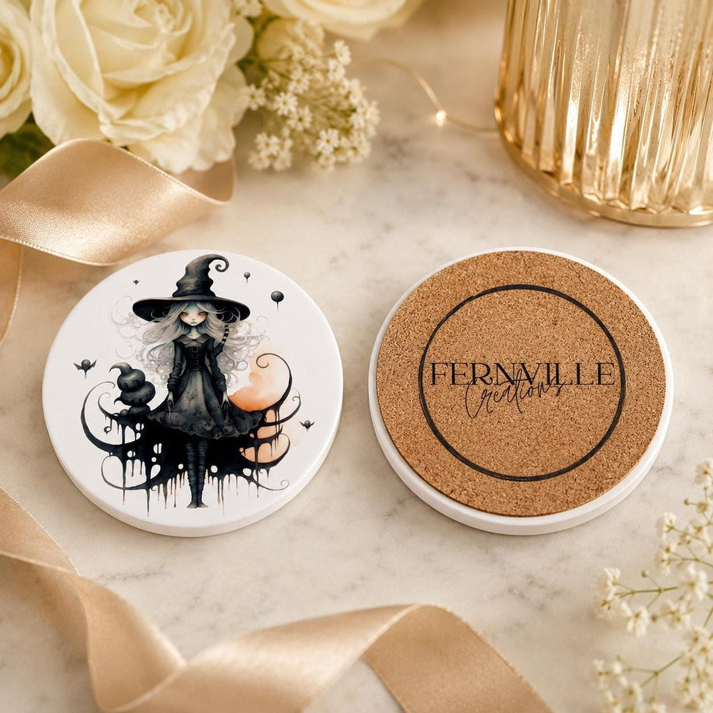 Witch Coaster with Whimsical Artwork, Round Ceramic Design for Gothic Decor