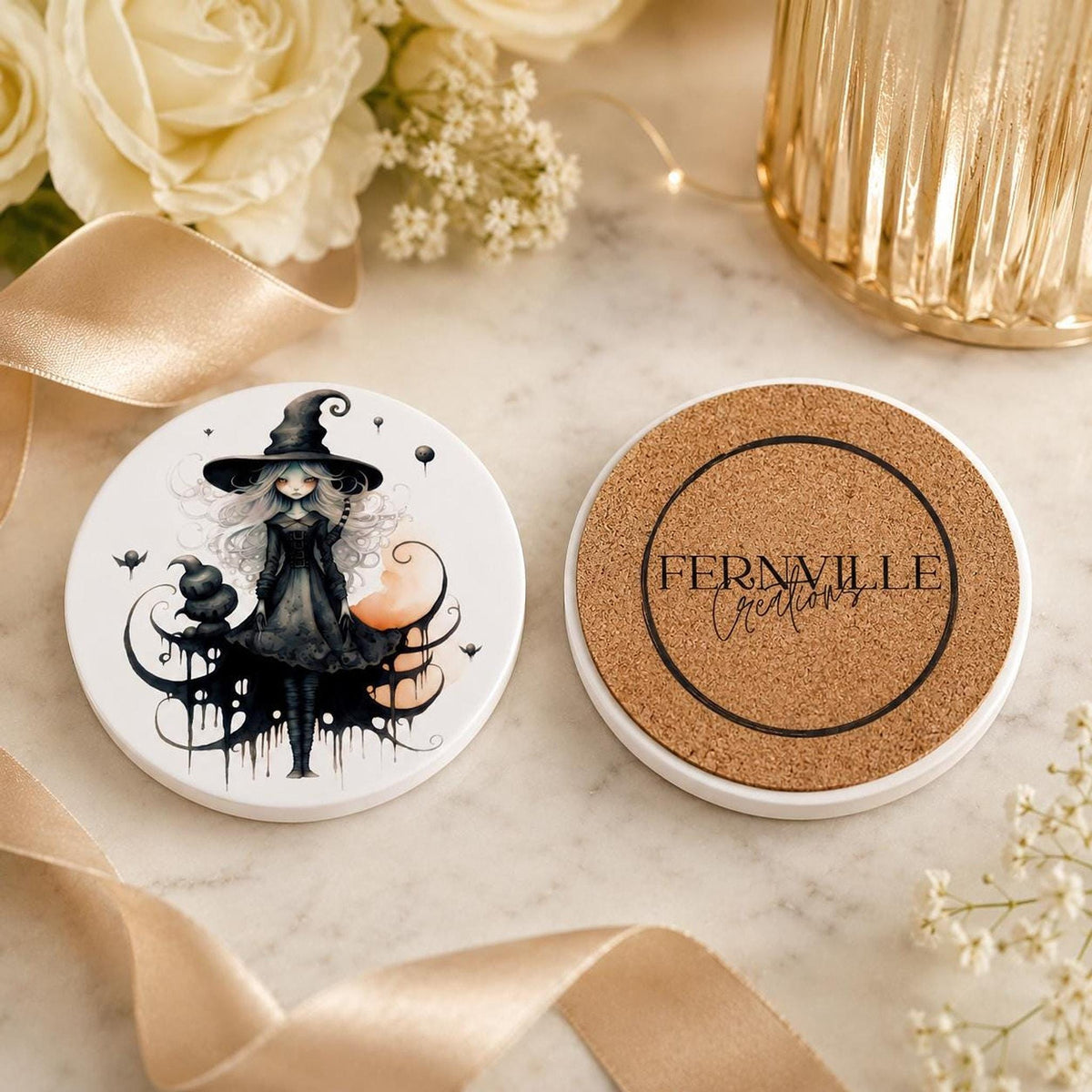 Witch Coaster with Whimsical Artwork, Round Ceramic Design for Gothic Decor