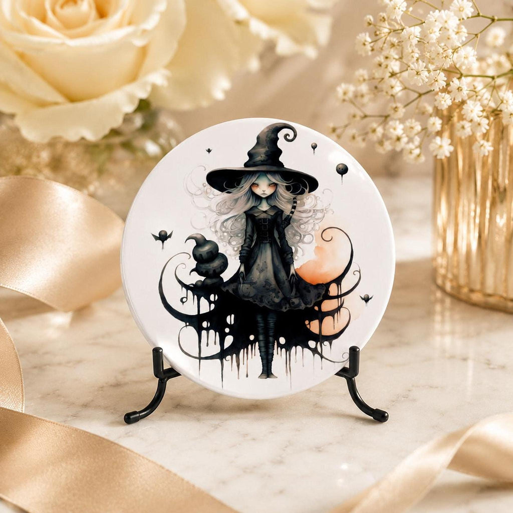 Witch Coaster with Whimsical Artwork, Round Ceramic Design for Gothic Decor