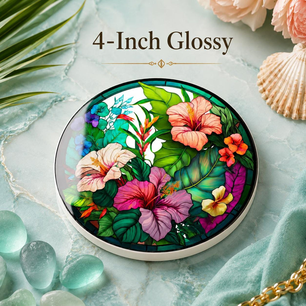 Tropical Hibiscus Ceramic Coaster, Round Floral Drink Mat, Coastal Table Decor