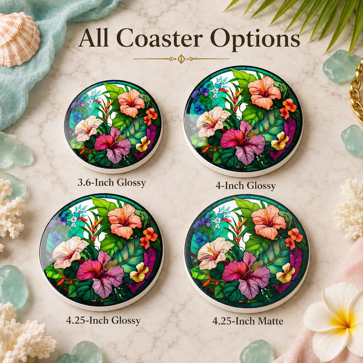 Tropical Hibiscus Ceramic Coaster, Round Floral Drink Mat, Coastal Table Decor