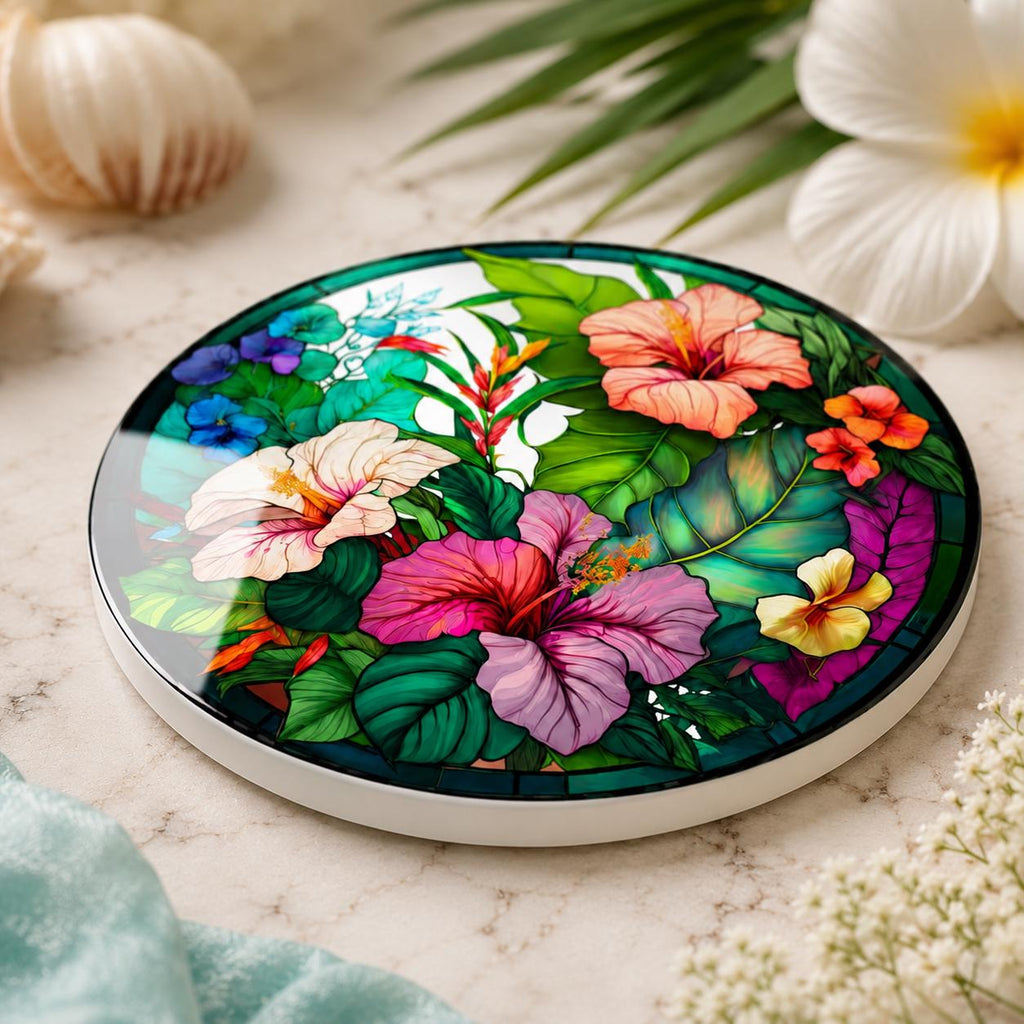 Tropical Hibiscus Ceramic Coaster, Round Floral Drink Mat, Coastal Table Decor