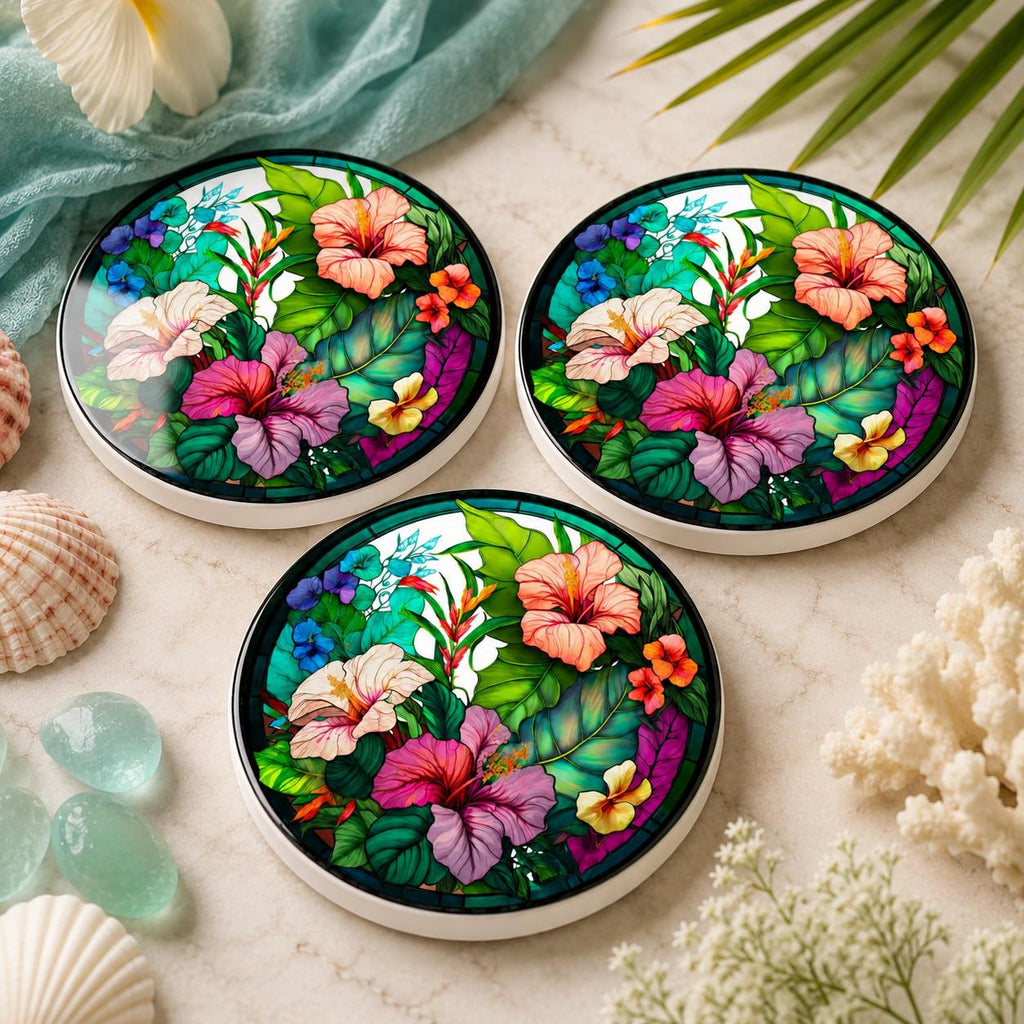 Tropical Hibiscus Ceramic Coaster, Round Floral Drink Mat, Coastal Table Decor