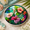 Tropical Hibiscus Ceramic Coaster, Round Floral Drink Mat, Coastal Table Decor