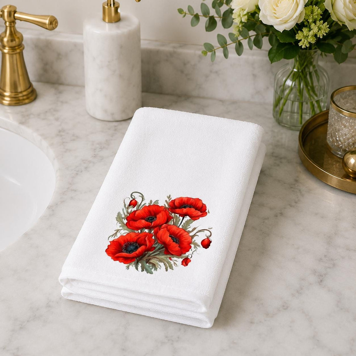Red Poppy Hand Towel, Watercolor Floral Kitchen Bathroom Decor