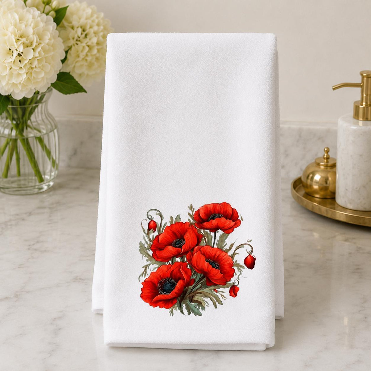 Red Poppy Hand Towel, Watercolor Floral Kitchen Bathroom Decor