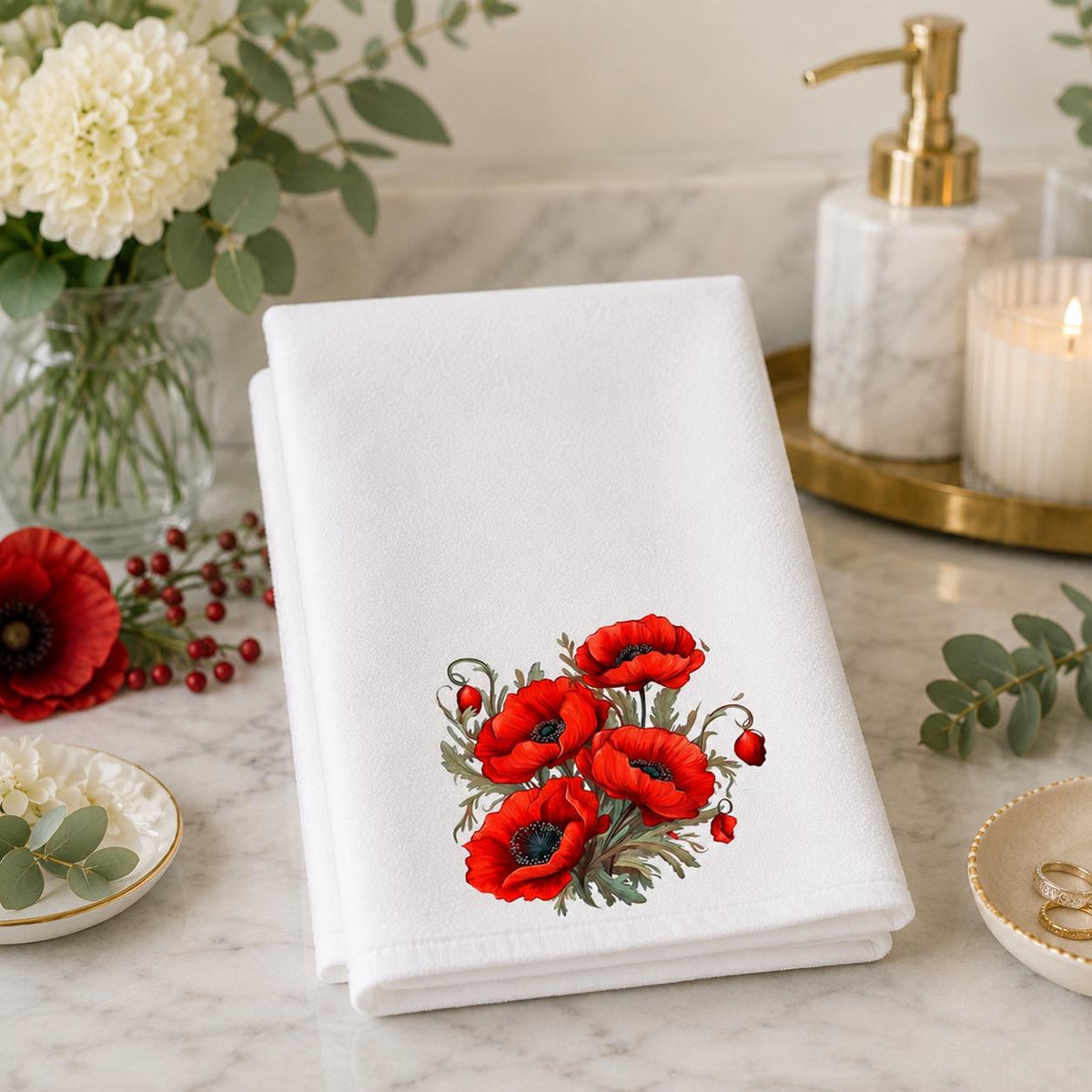 Red Poppy Hand Towel, Watercolor Floral Kitchen Bathroom Decor