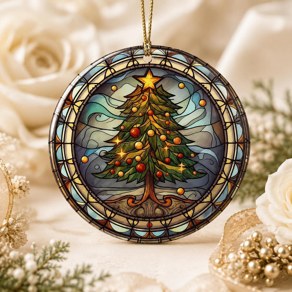 Christmas Ornament with Leaded Glass Inspired Design, Elegant Ceramic Keepsake