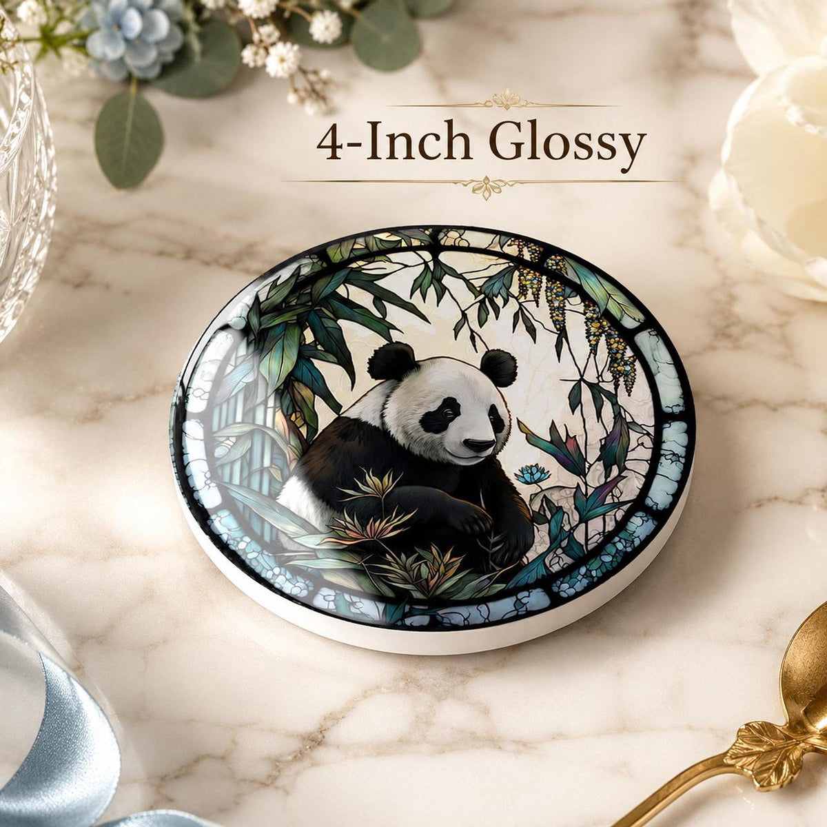 Panda Coaster, Round Ceramic Drink Mat with Botanical Artwork