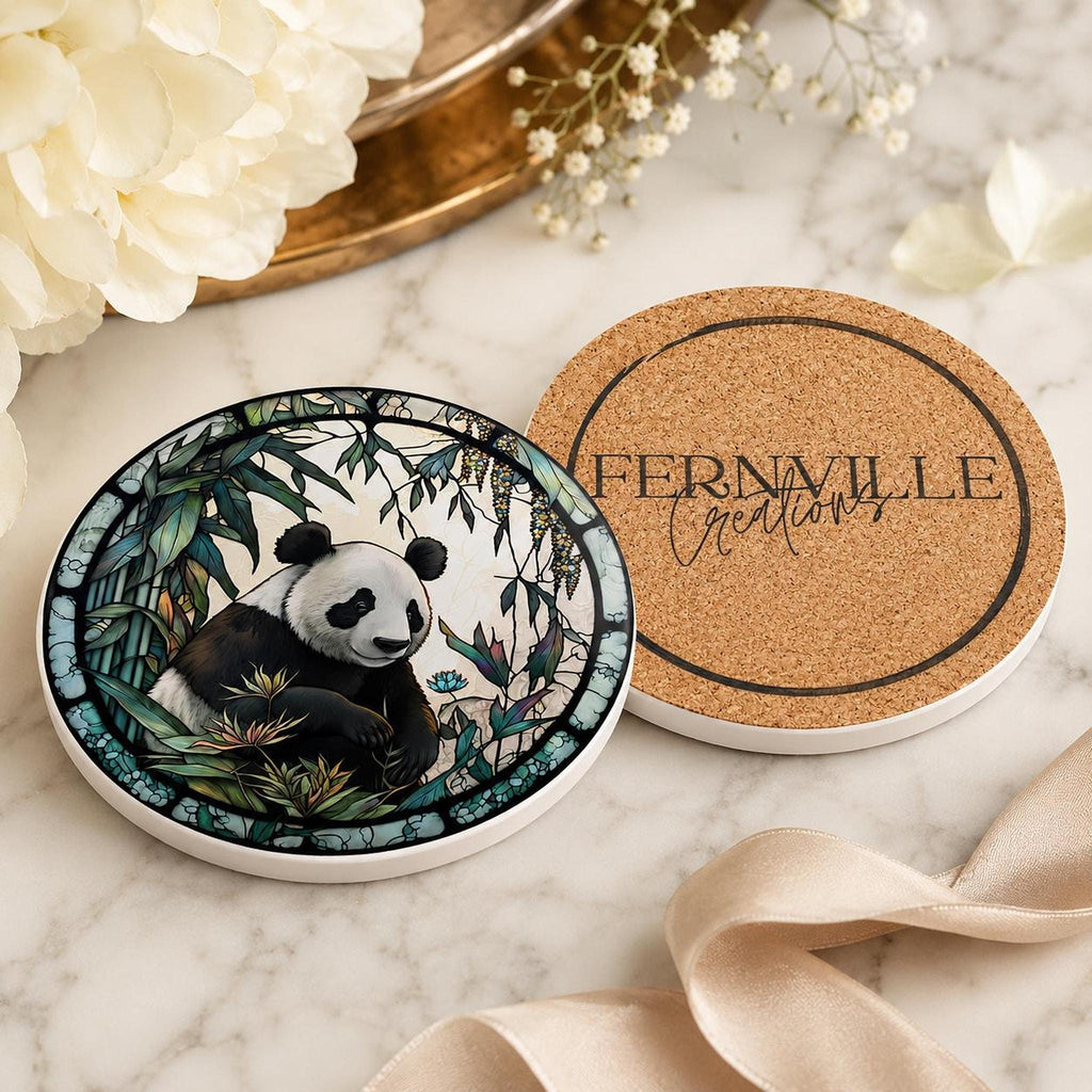 Panda Coaster, Round Ceramic Drink Mat with Botanical Artwork