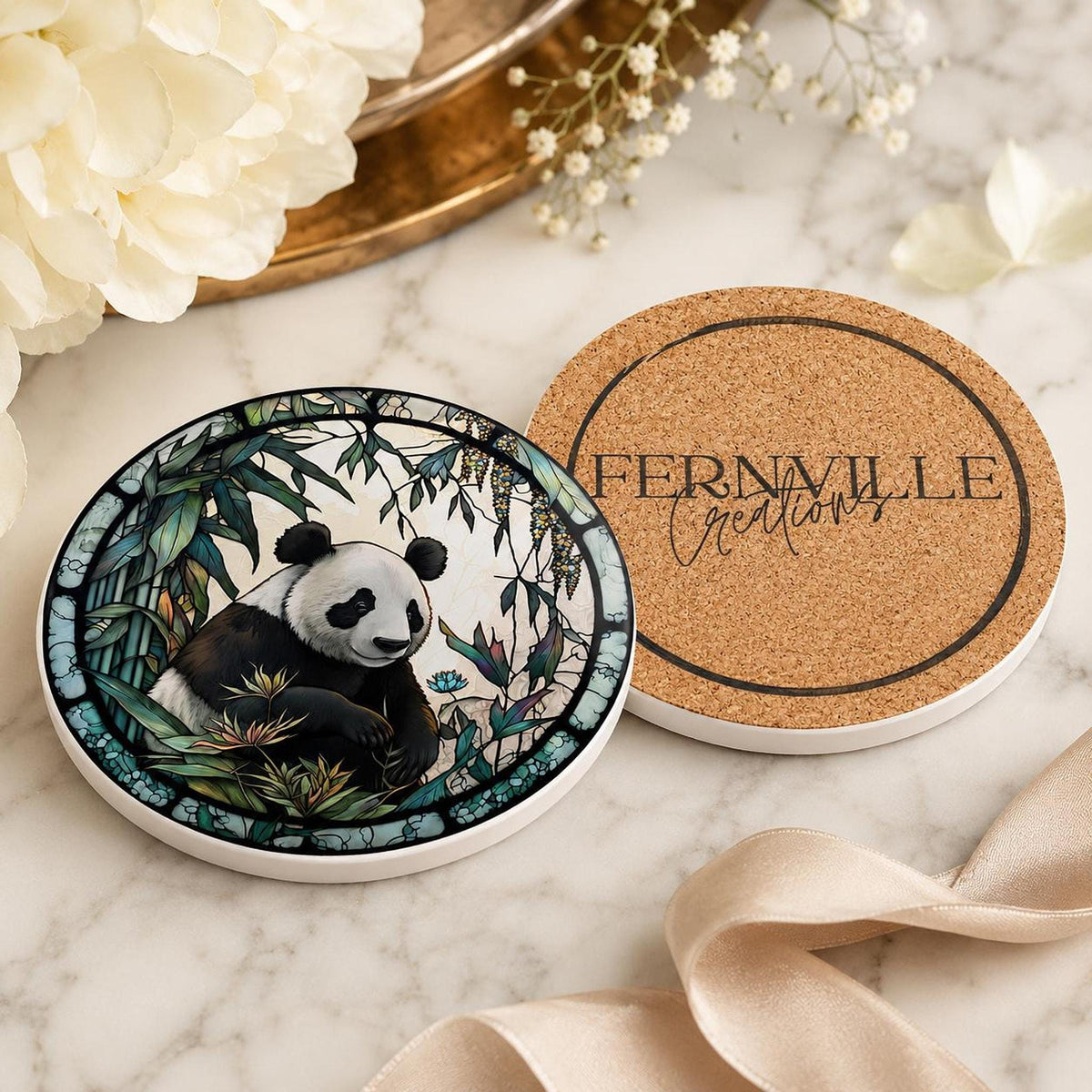 Panda Coaster, Round Ceramic Drink Mat with Botanical Artwork