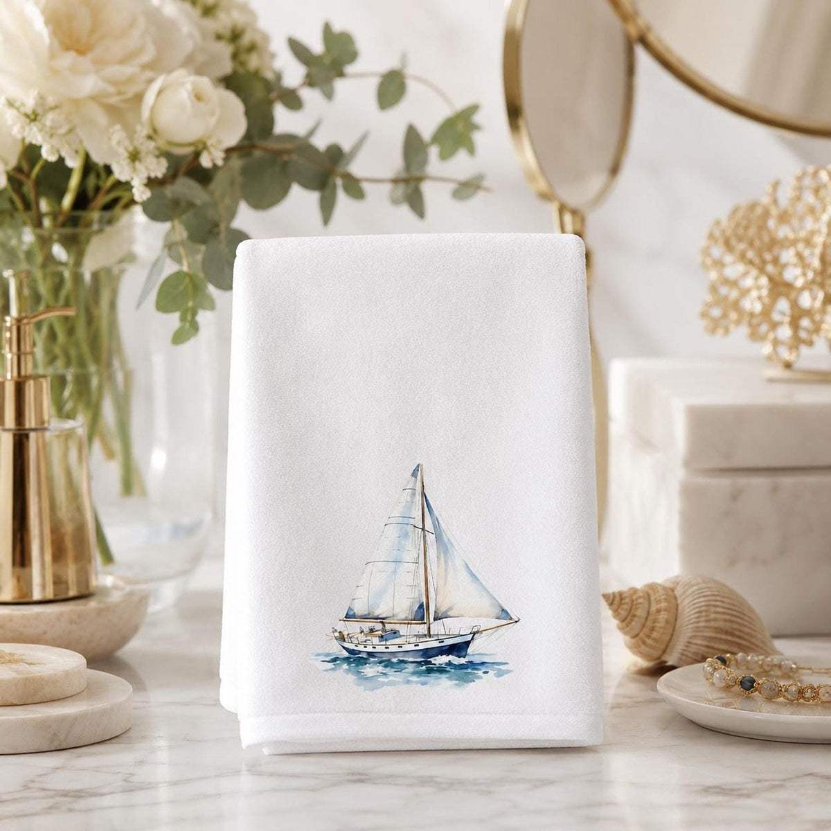 Sailboat Towel, Nautical Hand in Sheared Polyester and Cotton Terry Cloth for Coastal Decor