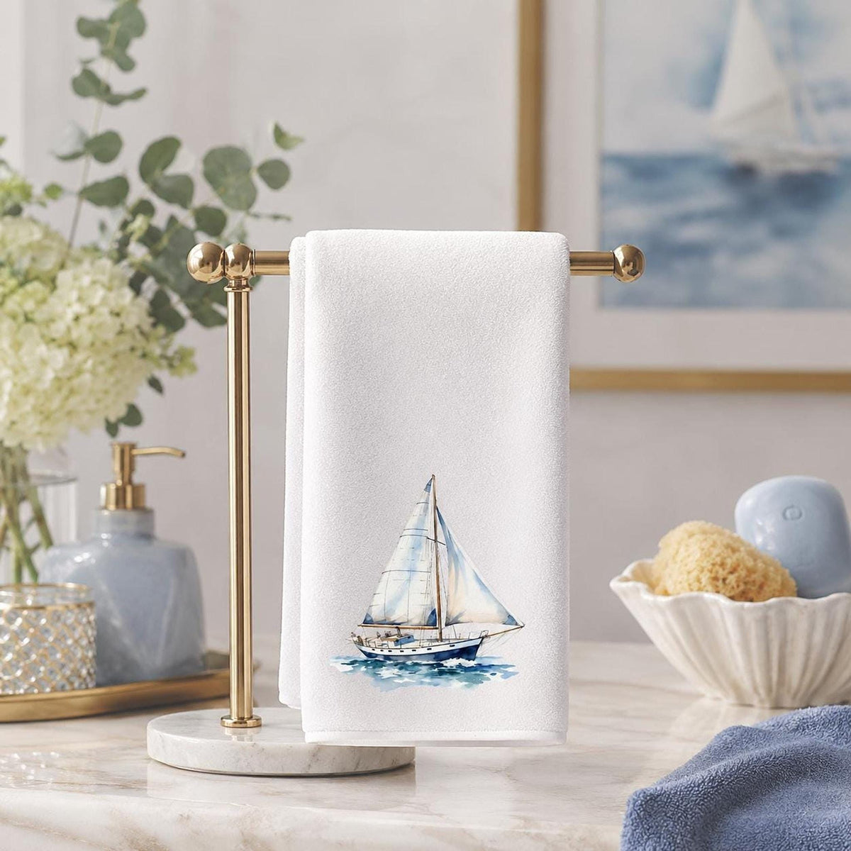 Sailboat Towel, Nautical Hand in Sheared Polyester and Cotton Terry Cloth for Coastal Decor