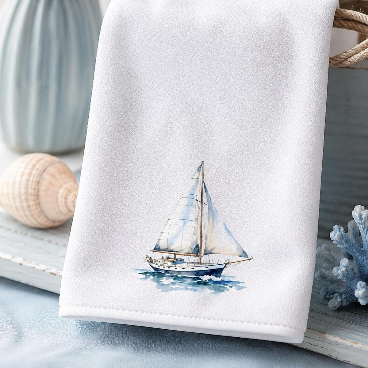 Sailboat Towel, Nautical Hand in Sheared Polyester and Cotton Terry Cloth for Coastal Decor