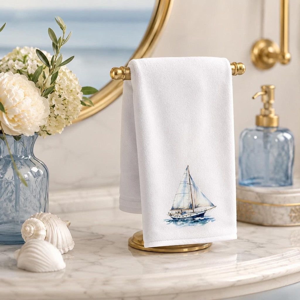 Sailboat Towel, Nautical Hand in Sheared Polyester and Cotton Terry Cloth for Coastal Decor
