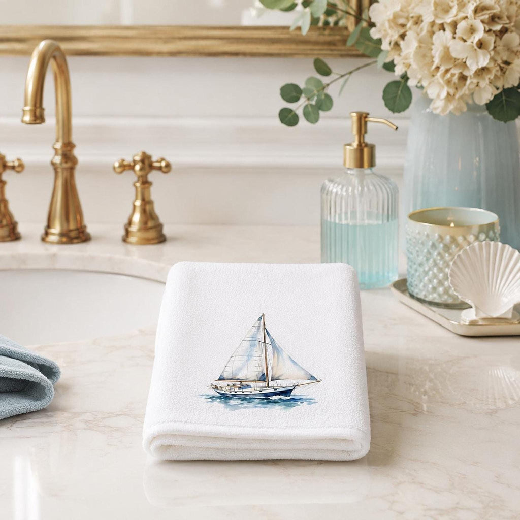 Sailboat Towel, Nautical Hand in Sheared Polyester and Cotton Terry Cloth for Coastal Decor