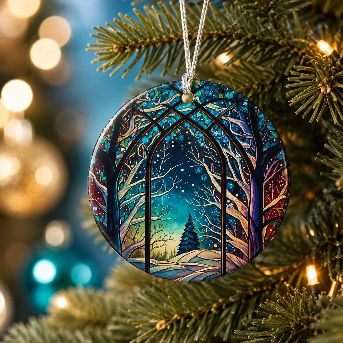 Winter Forest Decor Ceramic Ornament, Stained Glass Inspired Keepsake