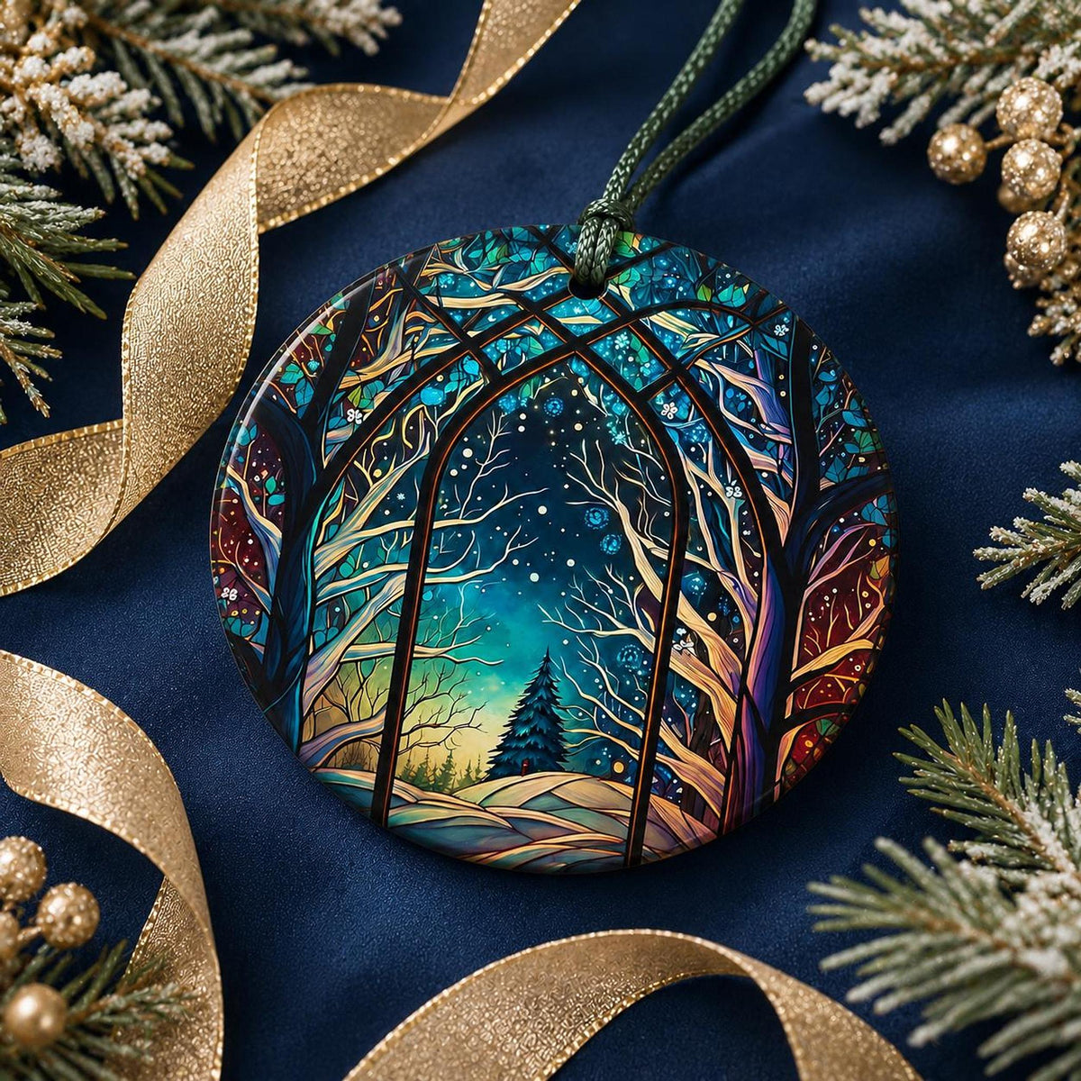 Winter Forest Decor Ceramic Ornament, Stained Glass Inspired Keepsake