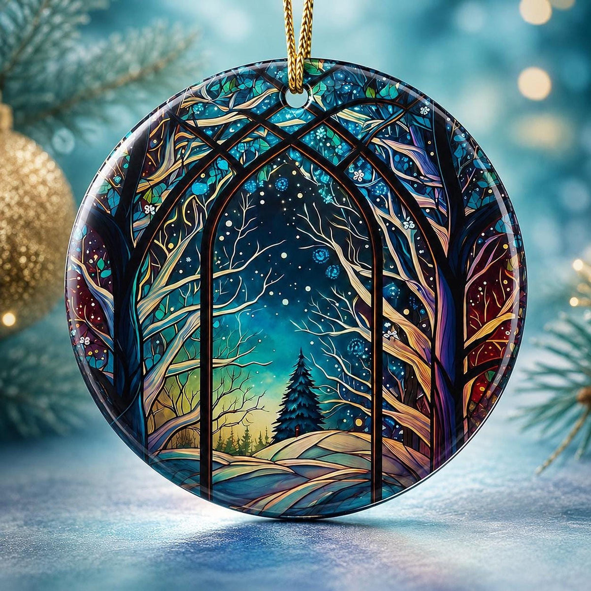 Winter Forest Decor Ceramic Ornament, Stained Glass Inspired Keepsake