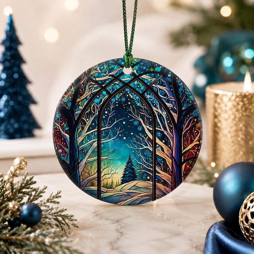 Winter Forest Decor Ceramic Ornament, Stained Glass Inspired Keepsake