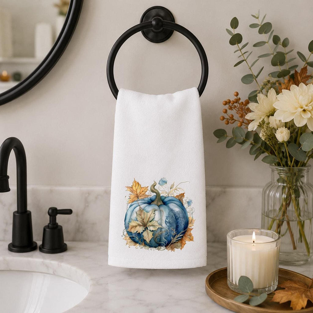 Fall Hand Towel with Blue Pumpkin Art, Luxury Kitchen and Bath Decor