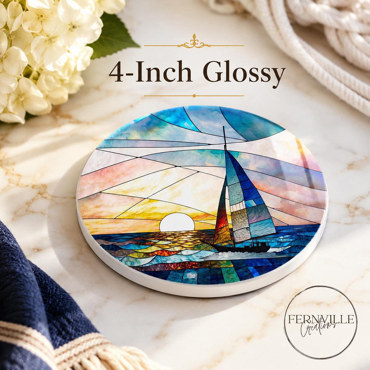 Sailboat Coaster, Round Ceramic Drink Holder with Nautical Sunset Design