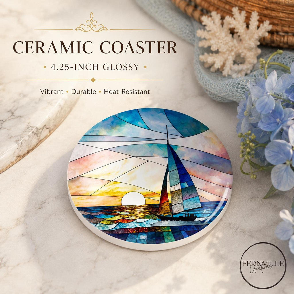Sailboat Coaster, Round Ceramic Drink Holder with Nautical Sunset Design