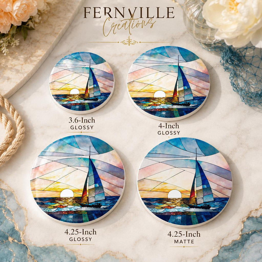 Sailboat Coaster, Round Ceramic Drink Holder with Nautical Sunset Design