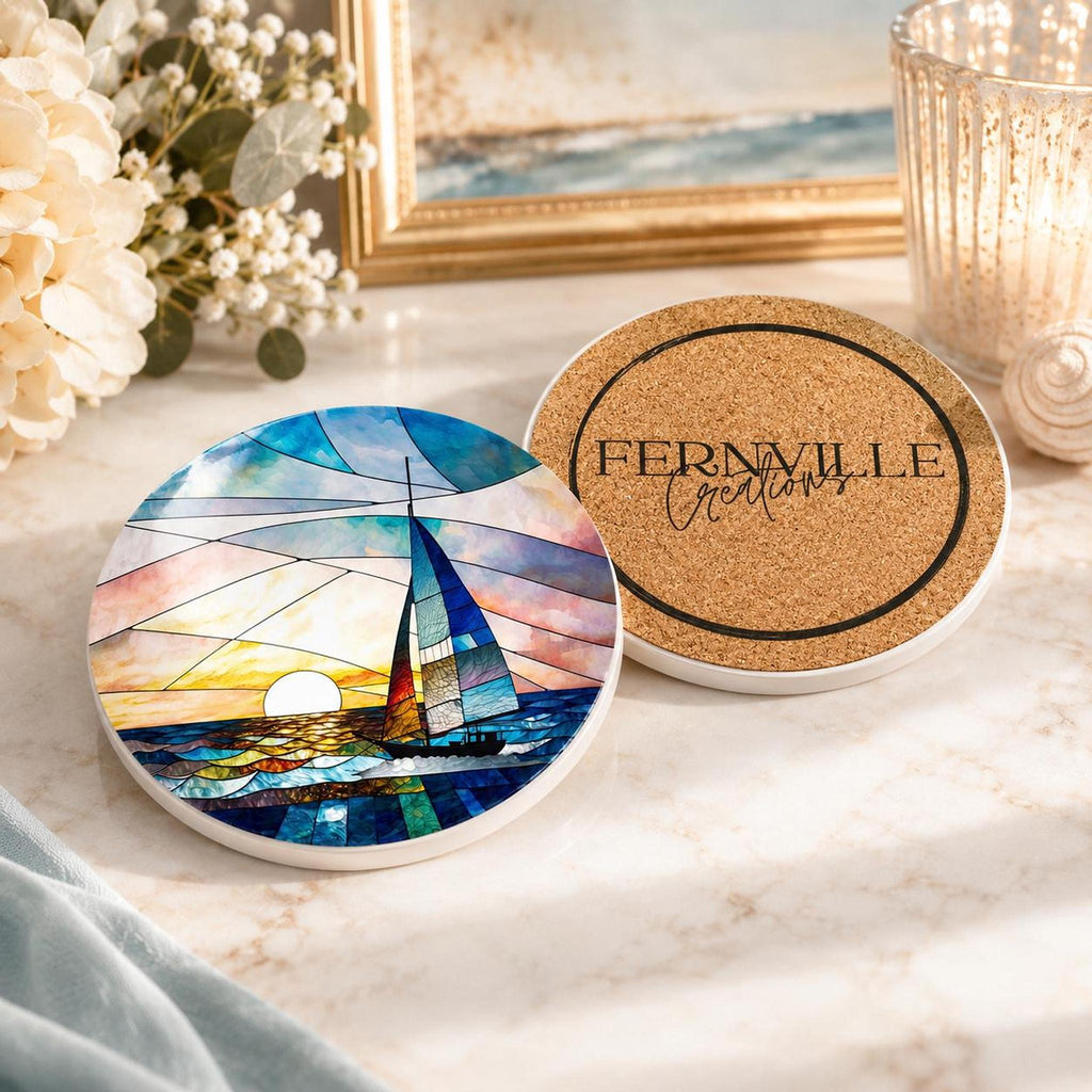 Sailboat Coaster, Round Ceramic Drink Holder with Nautical Sunset Design